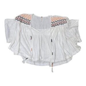 Free People Peasant Style Blouse Womens Sz L Embroidered Market Tee Boho Hippie